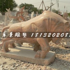 石雕牛，晚霞紅牛雕塑，晚霞紅石頭牛雕塑