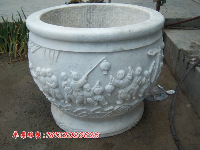 漢白玉花盆雕塑，白色石頭花盆 (2)