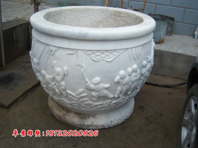 漢白玉花盆雕塑，白色石頭花盆 (1)