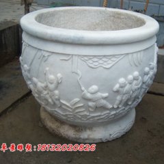 漢白玉花盆雕塑，白色石頭花盆