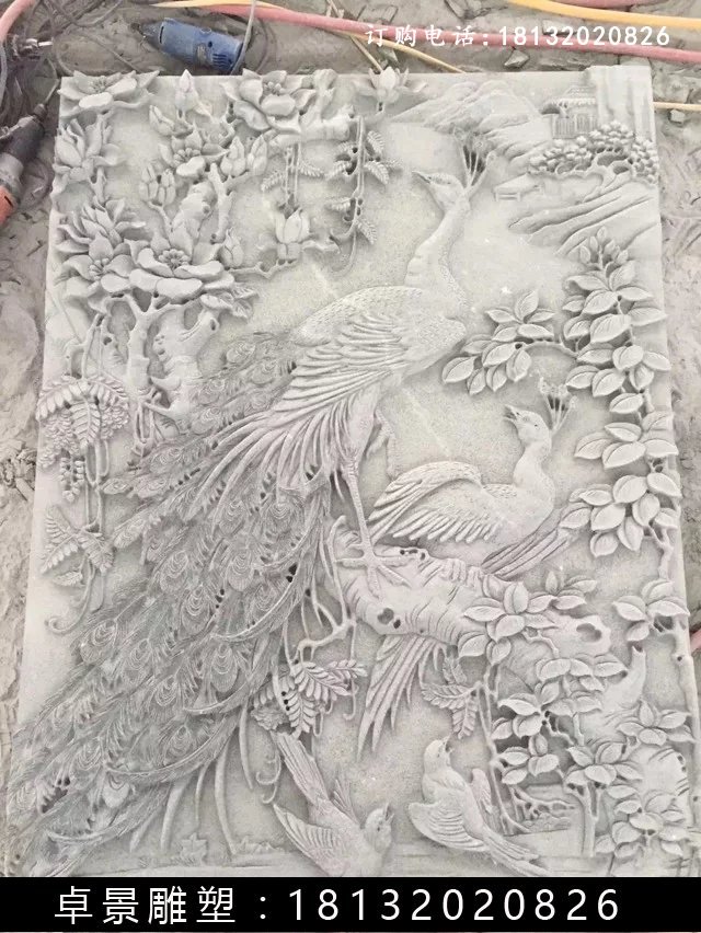 石雕百鳥朝鳳浮雕，漢白玉石浮雕