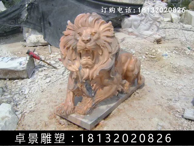 西洋獅石雕，晚霞紅西洋獅雕塑 (4)