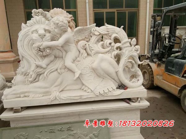 獅子與小天使石雕，漢白玉獅子和小天使雕塑
