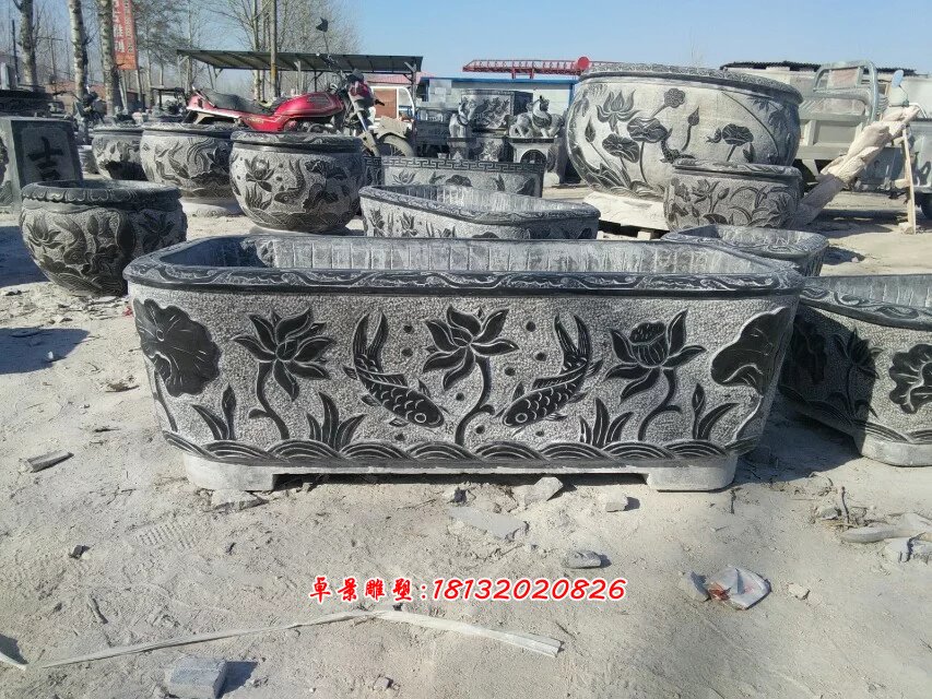 青石花盆，仿古石水盆
