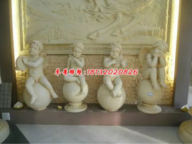 小天使石雕，漢白玉西方小孩雕塑