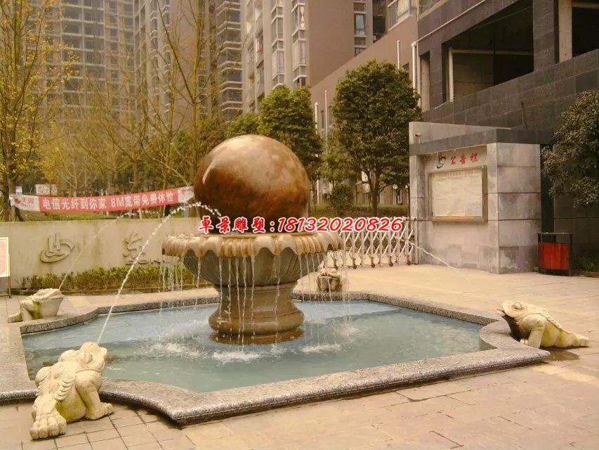 風水球石雕，晚霞紅風水球噴泉雕塑 (1)