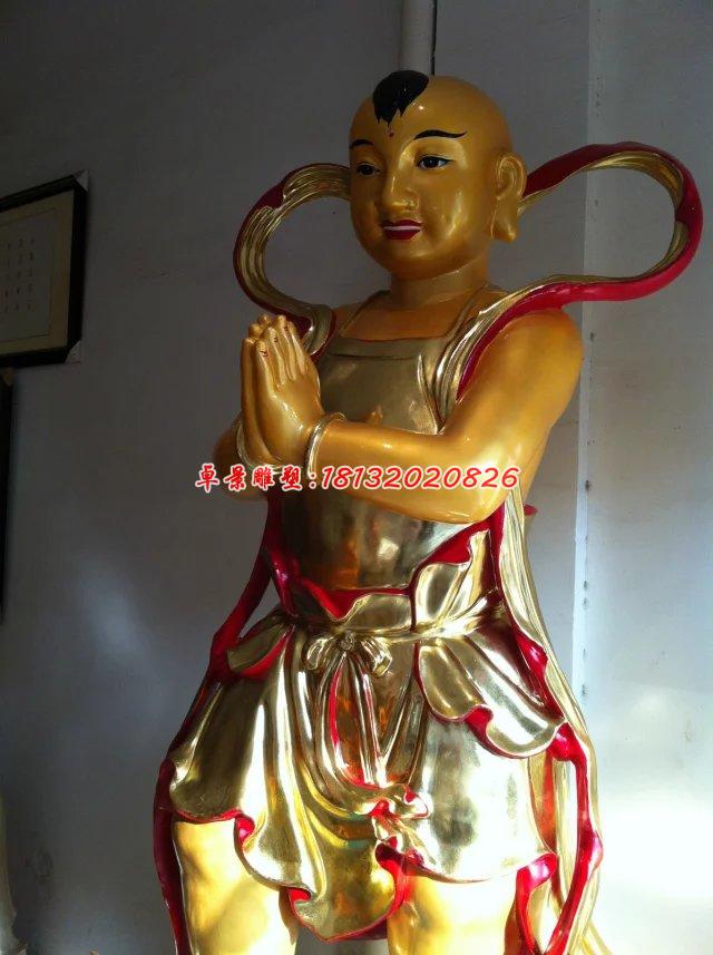 玻璃鋼善財童子雕塑，玻璃鋼彩繪貼金雕塑