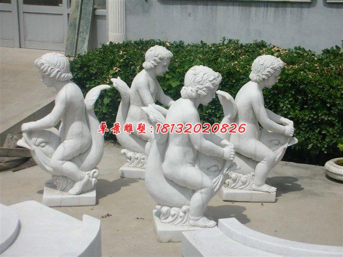 漢白玉人物雕塑，小孩騎魚(yú)石雕