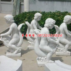 漢白玉人物雕塑，小孩騎魚石雕