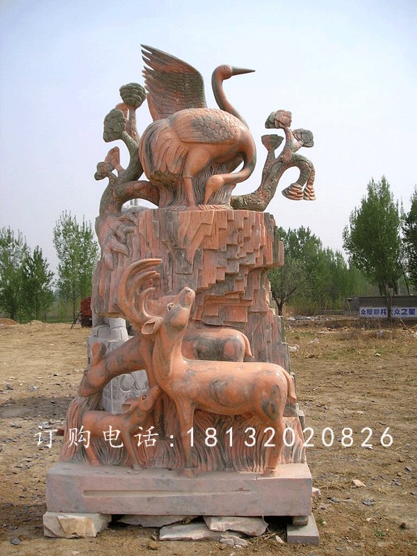 鶴鹿同春景觀石雕，晚霞紅景觀雕塑