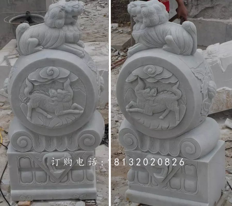 抱鼓石雕塑，漢白玉麒麟門墩石雕