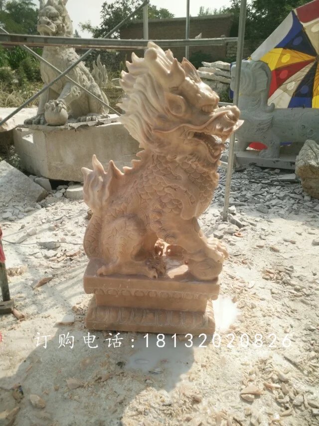踩球麒麟雕塑，晚霞紅麒麟石雕 (2)