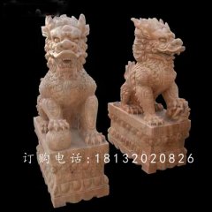 踩球麒麟石雕，晚霞紅麒麟雕塑