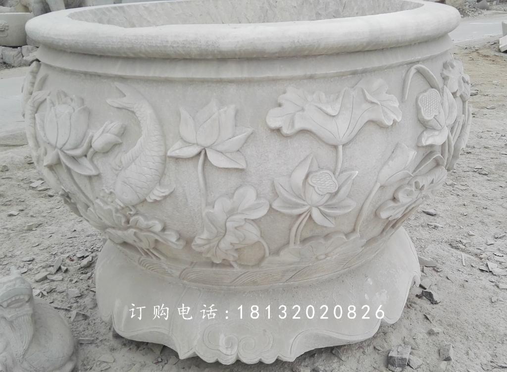 荷花與鳥花盆雕塑，水缸石雕 (1)