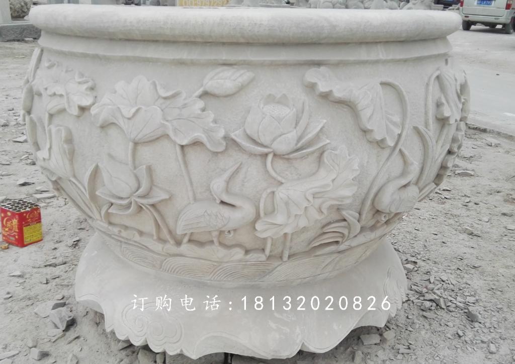 荷花與鳥花盆雕塑，水缸石雕 (2)