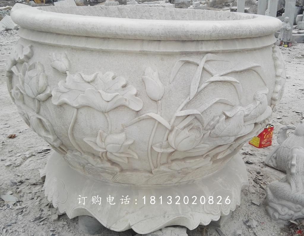 荷花與鳥花盆雕塑，水缸石雕 (3)