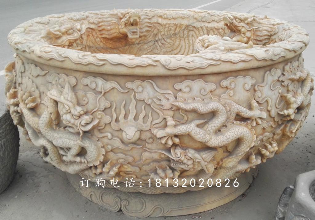 晚霞紅水缸石雕，龍浮雕水缸 (3)
