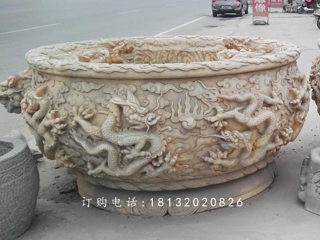 晚霞紅水缸石雕，龍浮雕水缸 (2)