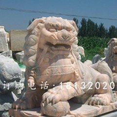 獅子滾繡球石雕，晚霞紅獅子雕塑