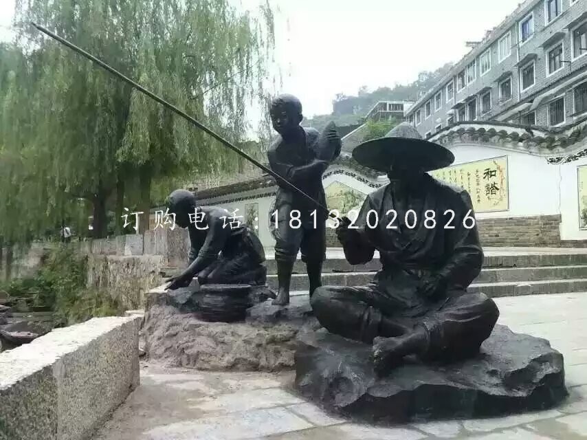 老人小孩垂釣銅雕，公園人物雕塑