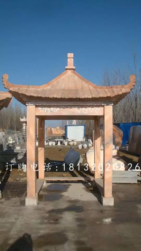 石方亭雕塑，晚霞紅石雕涼亭