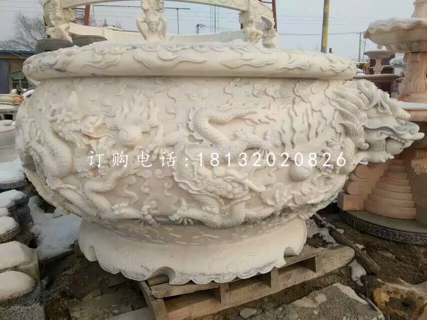龍浮雕水缸雕塑，漢白玉石雕水缸