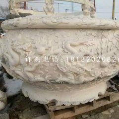 龍浮雕水缸雕塑，漢白玉石雕水缸