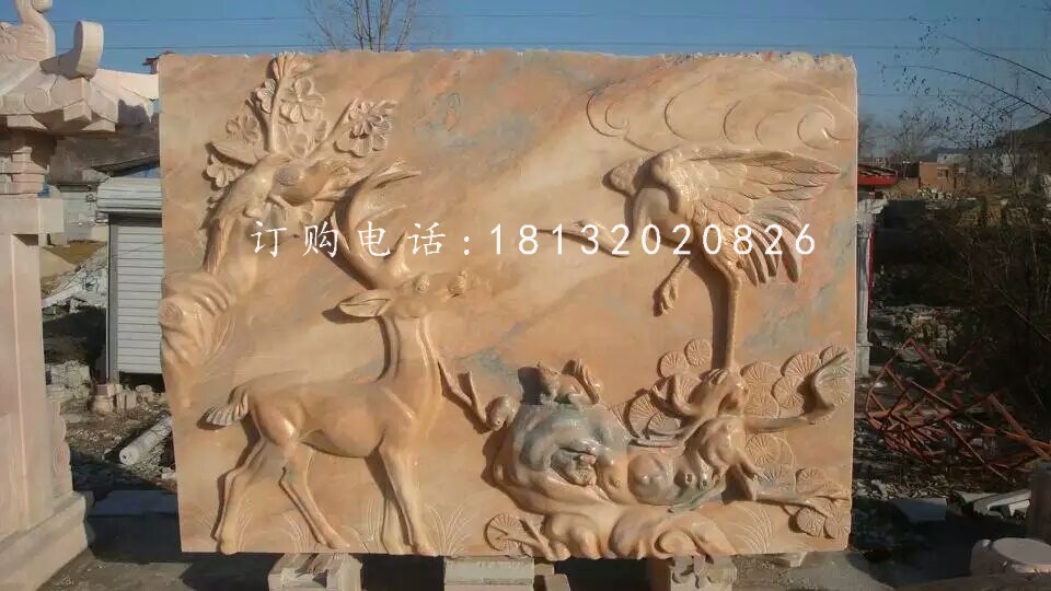 鹿鶴同春浮雕，晚霞紅石浮雕