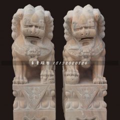 石雕獅子，晚霞紅石獅子雕塑