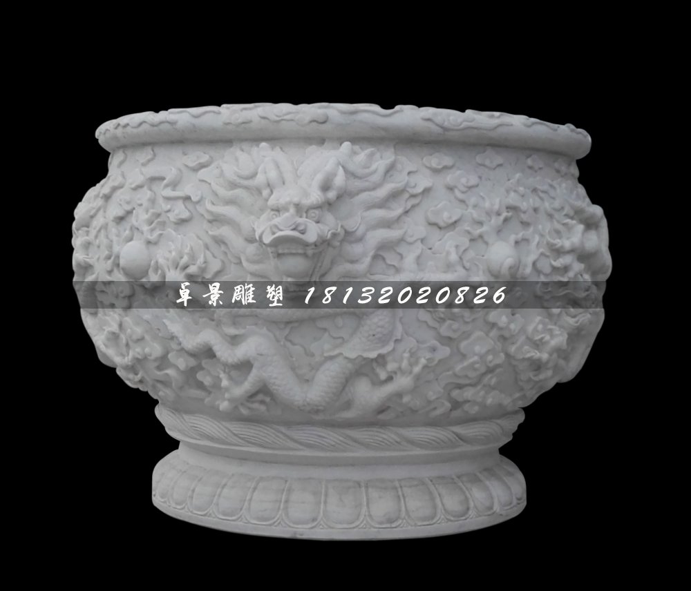圓形石水缸，漢白玉龍浮雕水盆 (2)