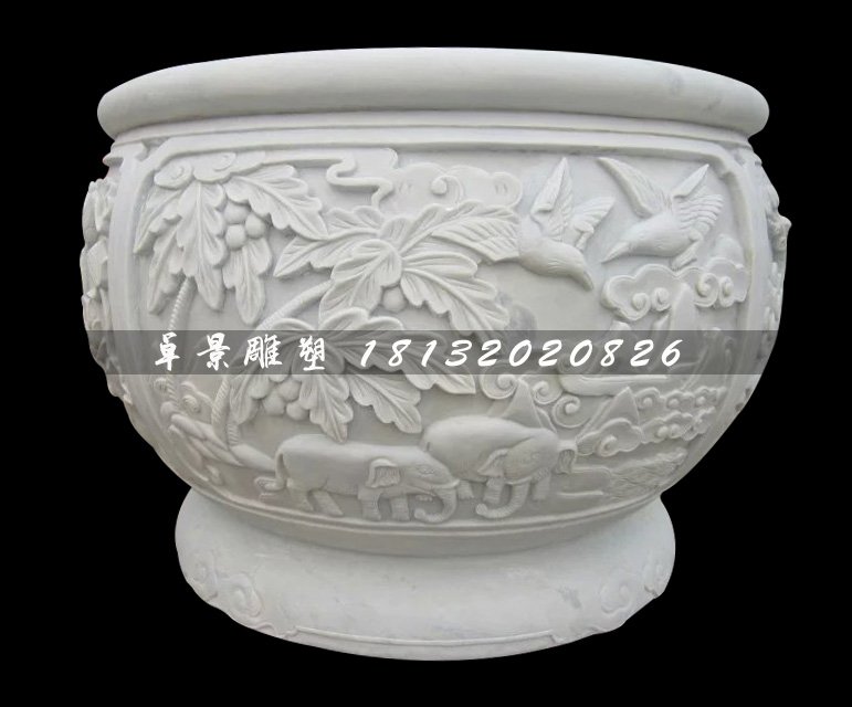白色石頭水缸，漢白玉石水缸