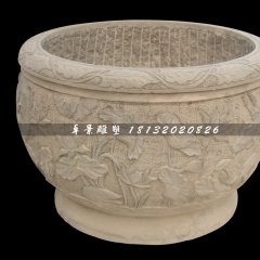 水缸石雕，荷花浮雕水缸