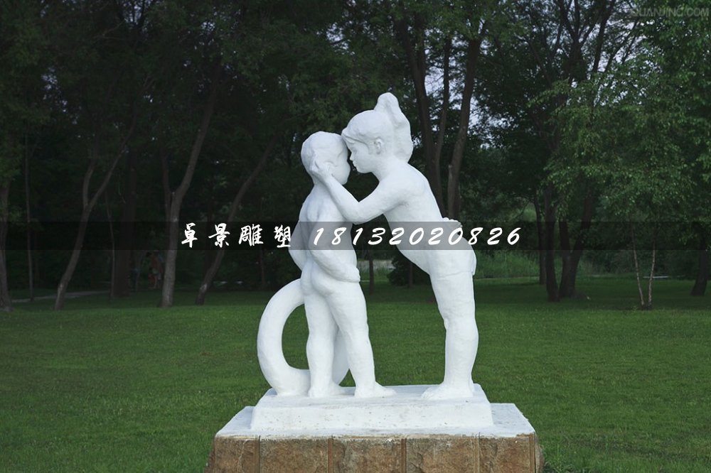 姐弟倆雕塑，漢白玉人物石雕 (2)
