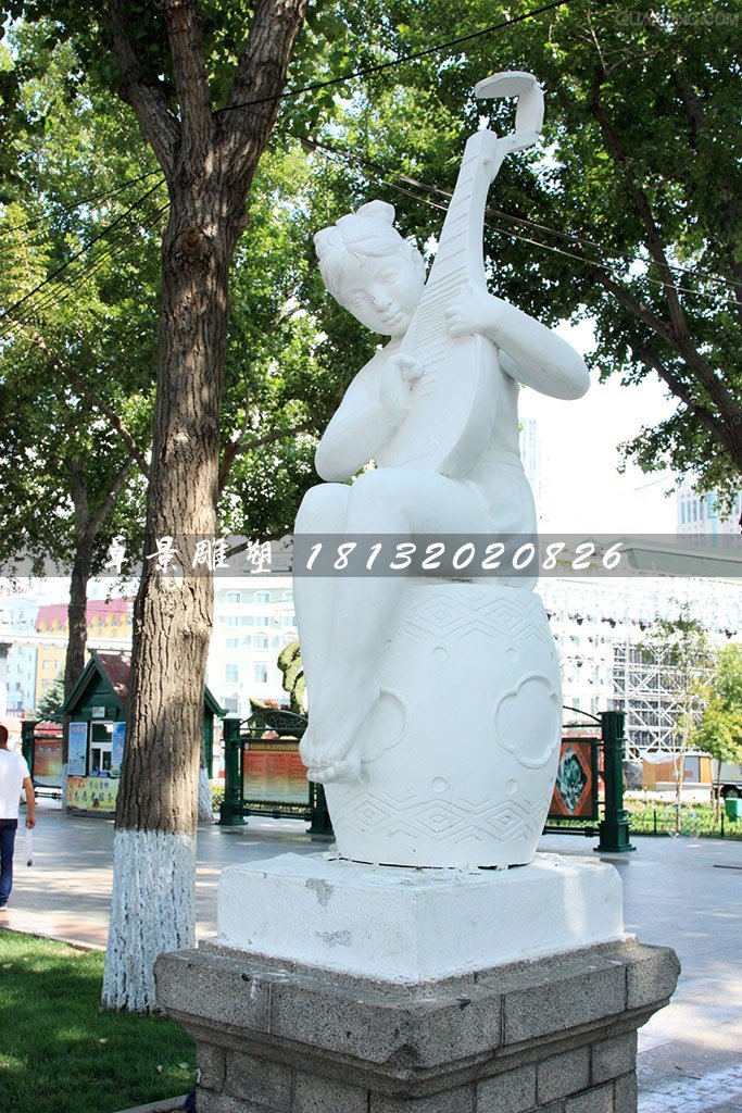 小女孩彈琵琶石雕，公園景觀石雕 (2)
