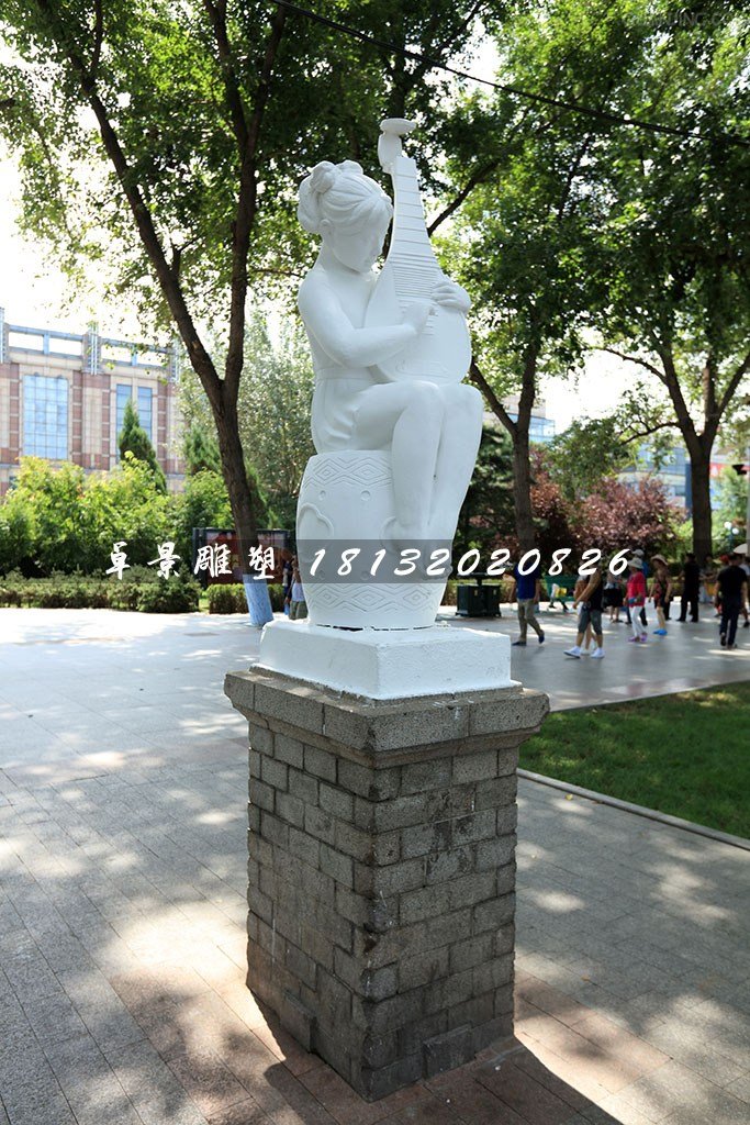 小女孩彈琵琶石雕，公園景觀石雕
