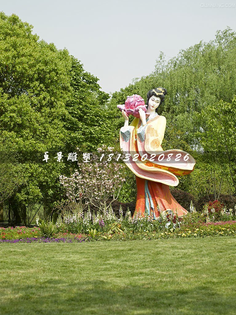 古代美女采花雕塑，玻璃鋼仿真人物雕塑