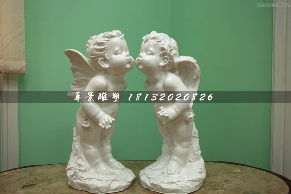 親吻小天使石雕，漢白玉小孩石雕