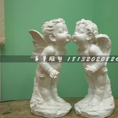 親吻小天使石雕，漢白玉小孩石雕