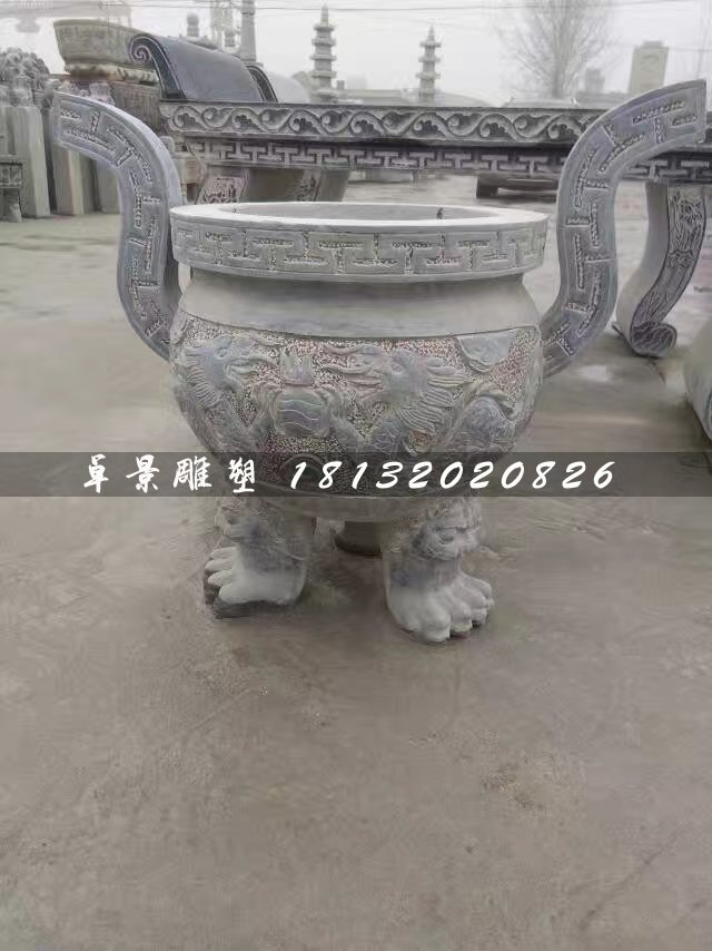 青石香爐，三足香爐石雕