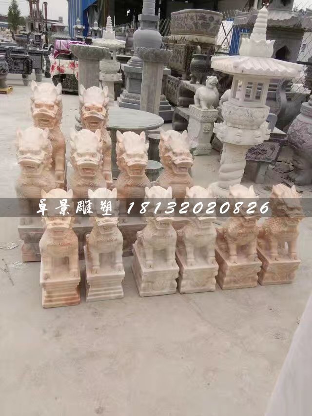 小型麒麟石雕，晚霞紅麒麟雕塑 (1)