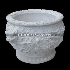 龍浮雕水缸，漢白玉水缸