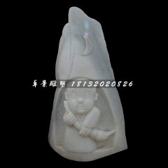 小和尚掃地石浮雕，寺廟石浮雕