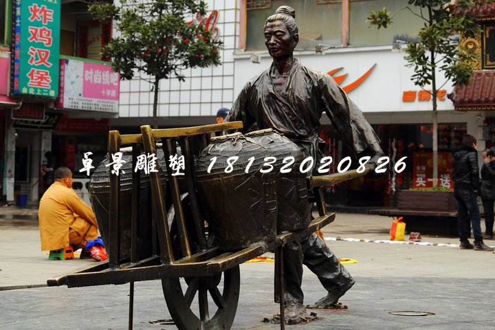 獨輪車銅雕，街頭古代人物雕塑