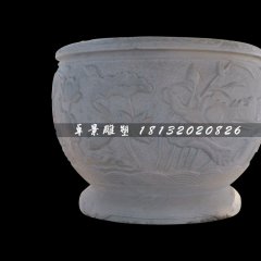 荷花浮雕水缸，圓形水缸雕塑