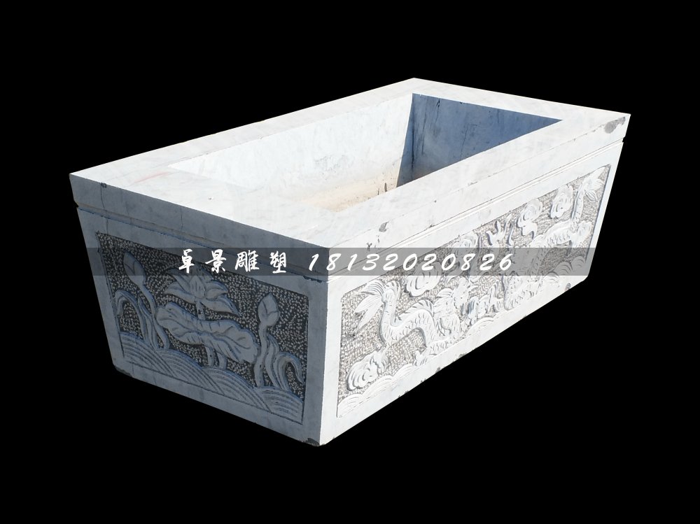 雙龍戲珠石浮雕水缸，方形水缸石雕 (2)