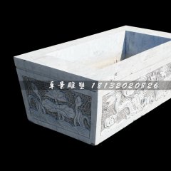 雙龍戲珠石浮雕水缸，方形水缸石雕