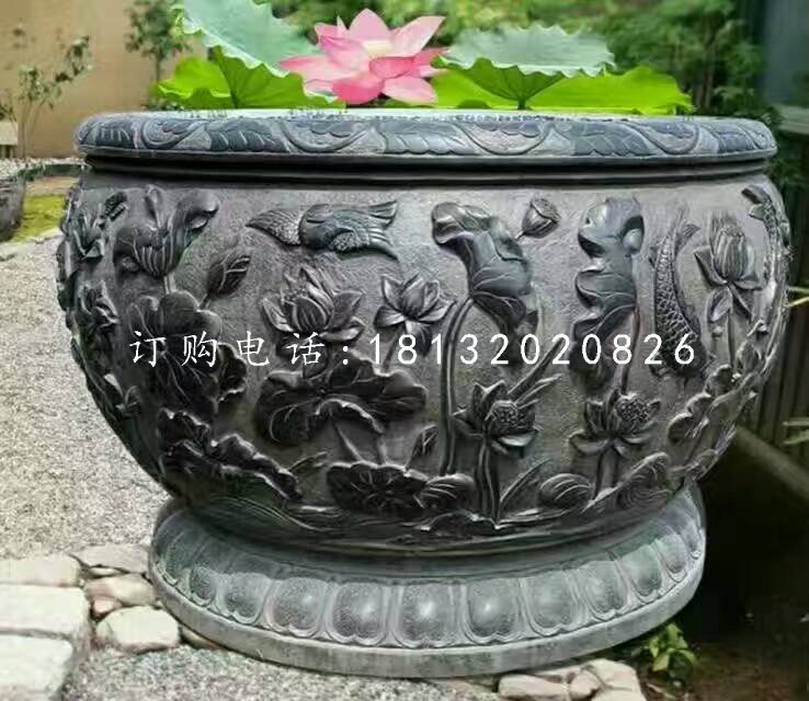 石水缸，荷花魚浮雕水缸