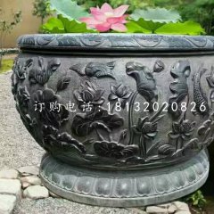 石水缸，荷花魚浮雕水缸