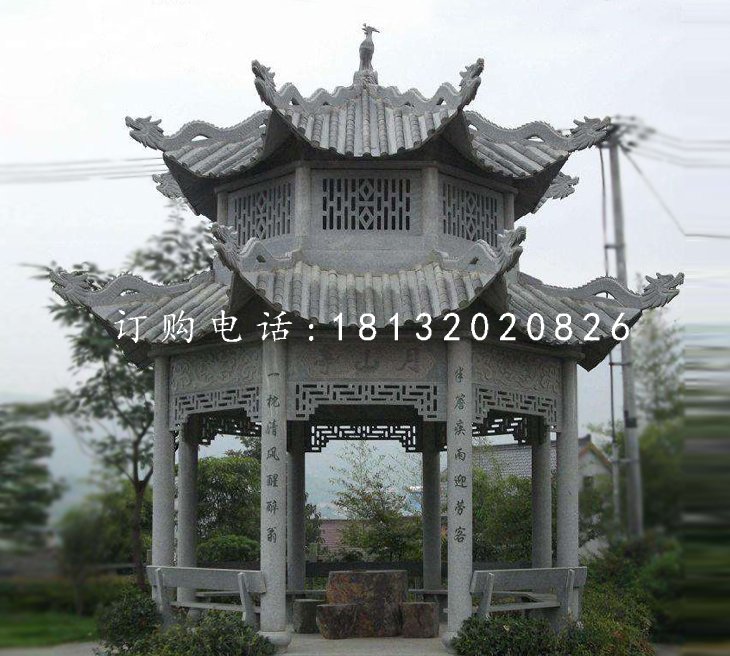 八角涼亭石雕，青石涼亭雕塑
