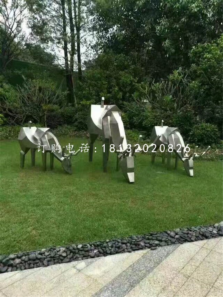 小鹿吃草雕塑，不銹鋼動(dòng)物 (3)